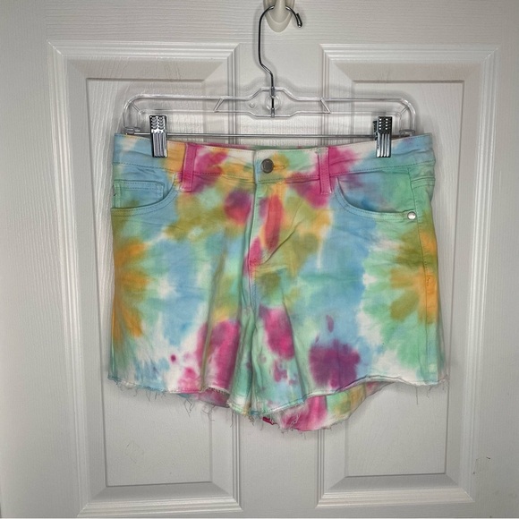 Judy Blue Pants - Judy Blue Mid Rise Tie Dye Cut Off Shorts Hippie Stretch Boho Y2K in Rainbow M
